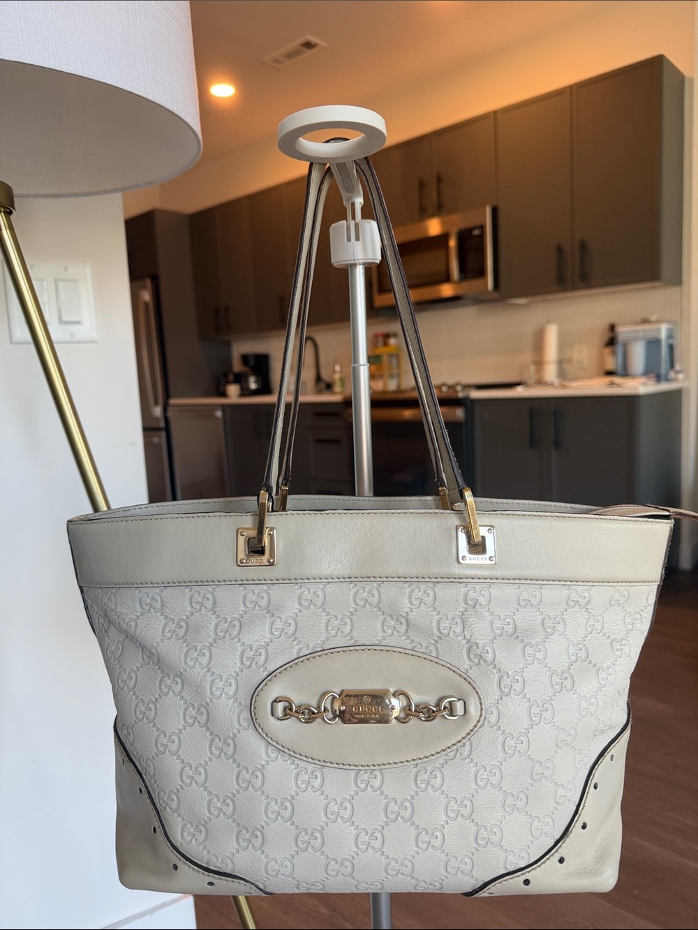 Gucci Monogram Leather Tote with Silver Chain Plaque with COA